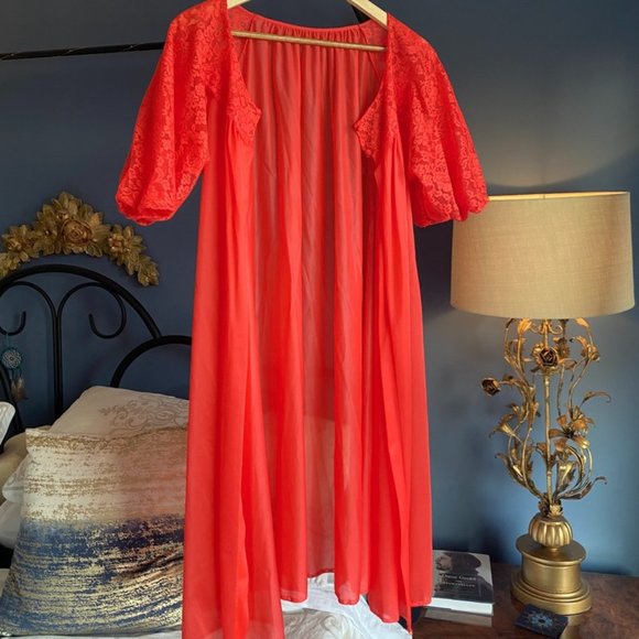 Vintage Vanity Fair 1950s Coral Red Peignoir Robe - Picture 1 of 5